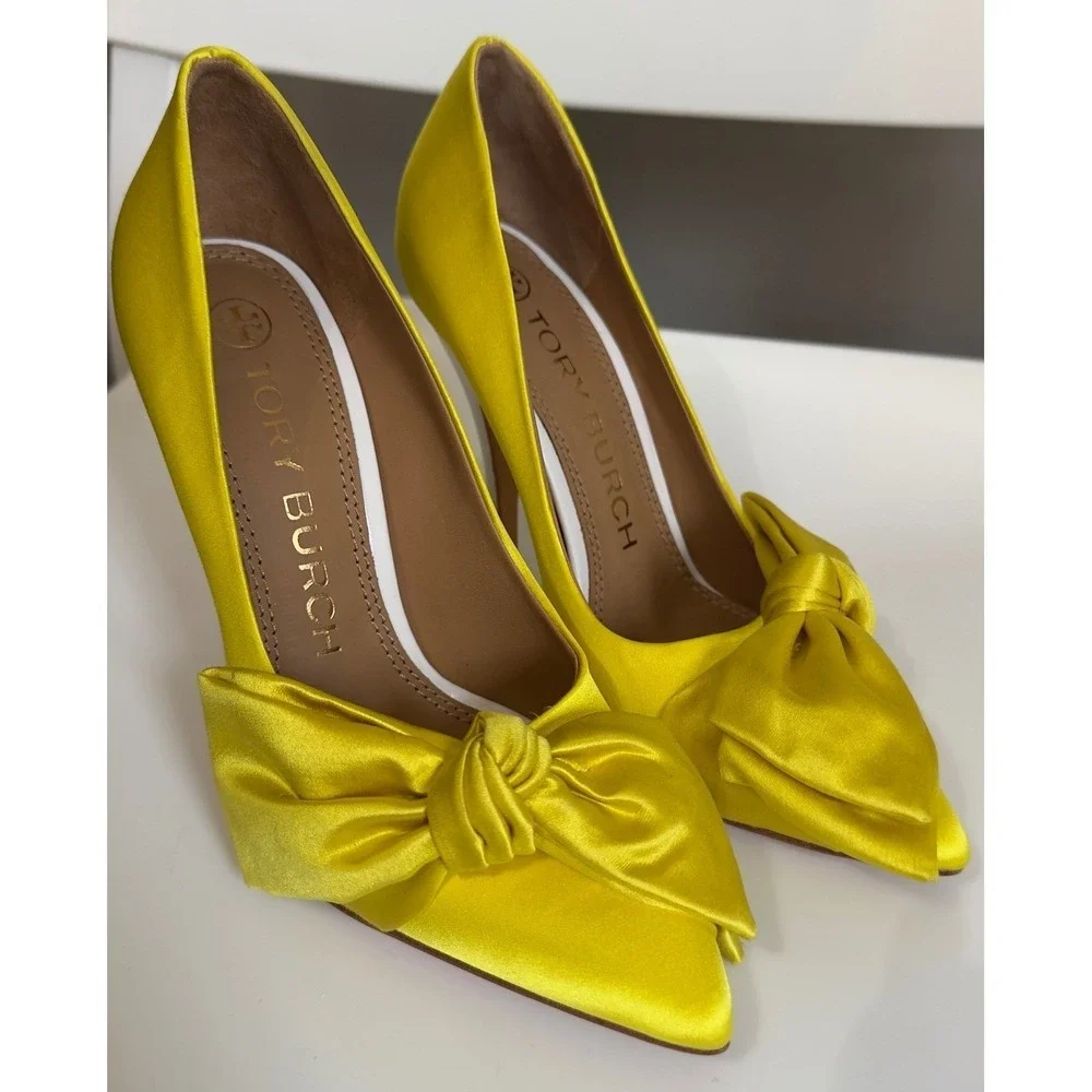 Tory‎ Burch Yellow Satin Bow Pointed Toe Pumps White Stiletto Heels Womens 5.5